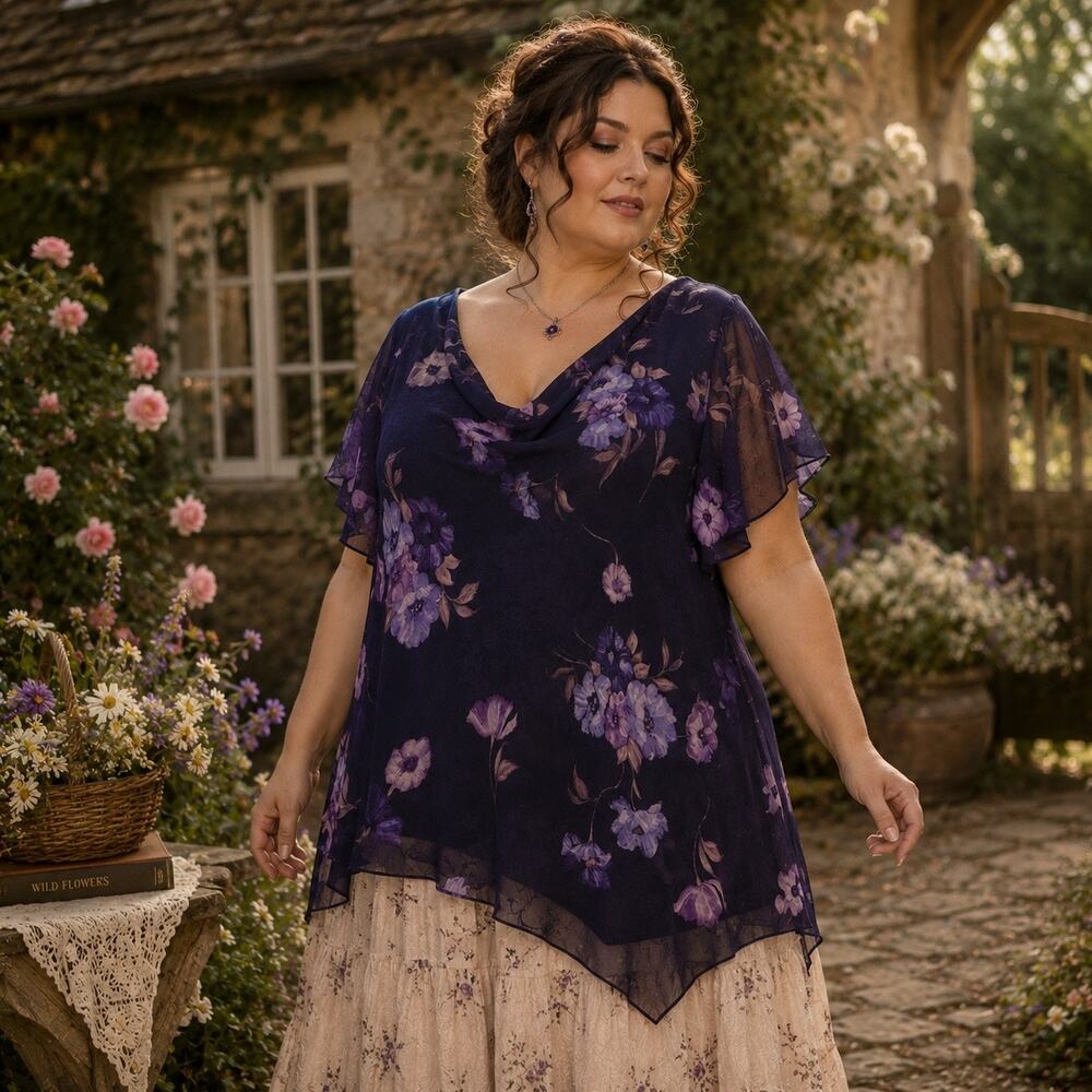 K Studio Chiffon Dark Romantic Top Asymmetric Sz 14 Floral CorpCore Purple Goth